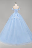 Lichtblauwe off-the-shoulder baljurk met appliquatie korset, quinceañera-jurk
