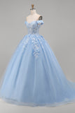 Lichtblauwe off-the-shoulder baljurk met appliquatie korset, quinceañera-jurk