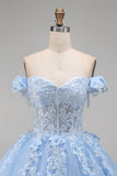 Lichtblauwe off-the-shoulder baljurk met appliquatie korset, quinceañera-jurk