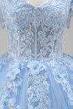 Lichtblauwe off-the-shoulder baljurk met appliquatie korset, quinceañera-jurk