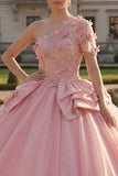 Baljurk roze Quinceañera jurk met één schouder appliquatie