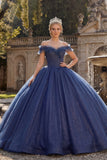 Off-the-shoulder baljurk marineblauwe glitterprinses Quinceañera jurk
