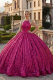 Glinsterende Fuchsia halter hals baljurk pailletten quinceañera jurk
