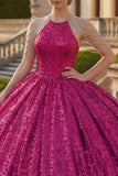 Glinsterende Fuchsia halter hals baljurk pailletten quinceañera jurk