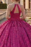 Glinsterende Fuchsia halter hals baljurk pailletten quinceañera jurk