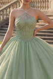 Baljurk Mintgroen halter hals korset Glitter Quinceañera jurk