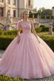 Eenschouder baljurk roze gerimpeld geappliqueerd glitter quinceañera jurk