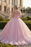 Eenschouder baljurk roze gerimpeld geappliqueerd glitter quinceañera jurk