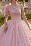 Eenschouder baljurk roze gerimpeld geappliqueerd glitter quinceañera jurk
