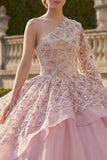 Baljurk roze met één schouder kralenbezet quinceañera-jurk