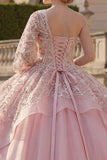 Baljurk roze met één schouder kralenbezet quinceañera-jurk