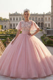 Baljurk met ronde hals roze geappliqueerde quinceañera-jurk met fladderende mouwen