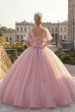 Baljurk met ronde hals roze geappliqueerde quinceañera-jurk met fladderende mouwen
