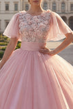 Baljurk met ronde hals roze geappliqueerde quinceañera-jurk met fladderende mouwen