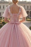 Baljurk met ronde hals roze geappliqueerde quinceañera-jurk met fladderende mouwen