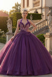 Donkerpaarse halterhals baljurk met kralenkleding en Quinceañera jurk met ruches