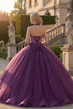 Donkerpaarse halterhals baljurk met kralenkleding en Quinceañera jurk met ruches