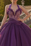 Donkerpaarse halterhals baljurk met kralenkleding en Quinceañera jurk met ruches