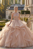 Champagnebaljurk met één schouder en kralengeborduurde quinceañera jurk met ruches