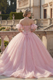 Roze baljurk met halterhals en appliqued quinceañera jurk met fladderende mouwen
