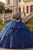 Marineblauwe baljurk met één schouder Bloemenjurk van Quinceañera met ruches