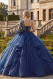 Marineblauwe baljurk met één schouder Bloemenjurk van Quinceañera met ruches
