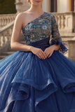 Marineblauwe baljurk met één schouder Bloemenjurk van Quinceañera met ruches