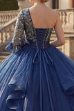 Marineblauwe baljurk met één schouder Bloemenjurk van Quinceañera met ruches