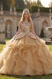 Glinsterende baljurk met één schouder pailletten Champagne quinceañera jurk met ruches