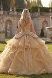 Glinsterende baljurk met één schouder pailletten Champagne quinceañera jurk met ruches