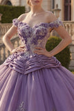 Off-the-shoulder baljurk paarse gerimpelde quinceañera-jurk