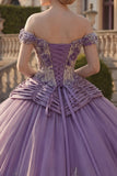 Off-the-shoulder baljurk paarse gerimpelde quinceañera-jurk