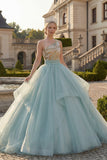 Glinsterende baljurk Stoffige blauwe pailletten met één schouder Quinceañera jurk met gerimpelde quinceañera jurk