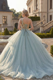 Glinsterende baljurk Stoffige blauwe pailletten met één schouder Quinceañera jurk met gerimpelde quinceañera jurk