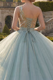 Glinsterende baljurk Stoffige blauwe pailletten met één schouder Quinceañera jurk met gerimpelde quinceañera jurk