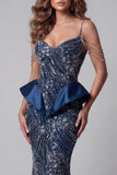 Cold Shoulder Navy paillette zeemeermin verkiezingsjurk