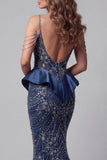 Cold Shoulder Navy paillette zeemeermin verkiezingsjurk