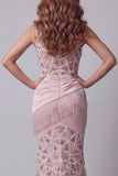 Eenschouder blush paillette pageant jurk met kwasje