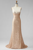Champagne pailletten Zeemeermin V hals Pageant Jurk