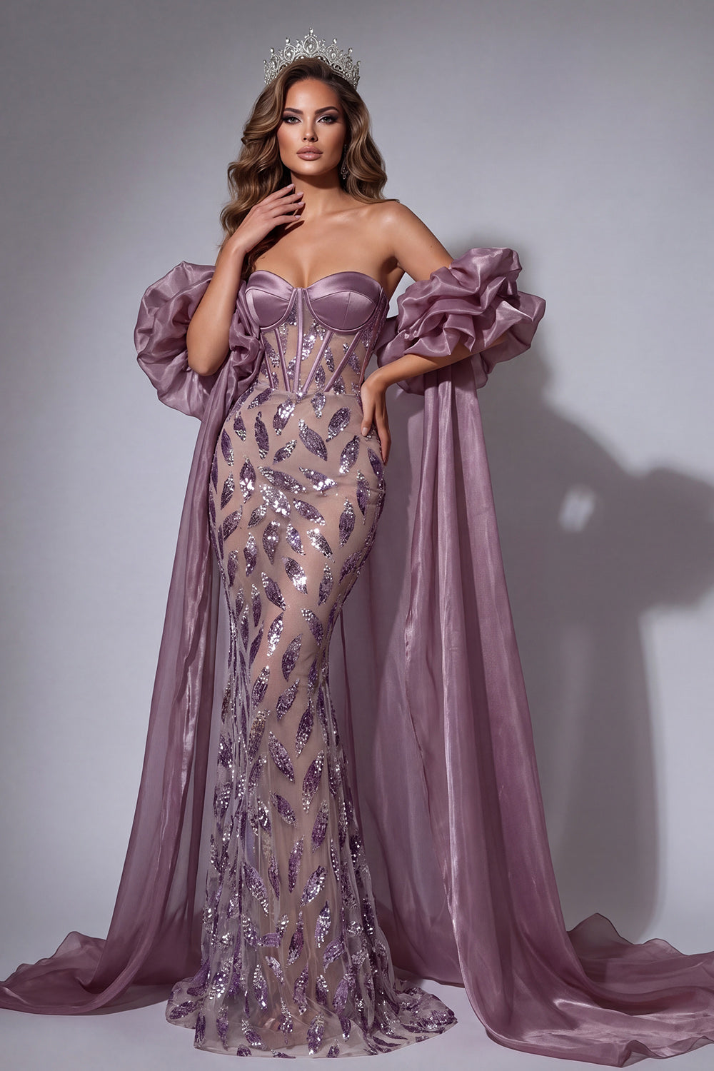Glinsterende vintage mave-korset Zeemeermin met lange kralen gerimpelde pageantjurk met cape