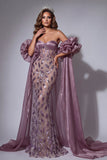 Glinsterende vintage mave-korset Zeemeermin met lange kralen gerimpelde pageantjurk met cape