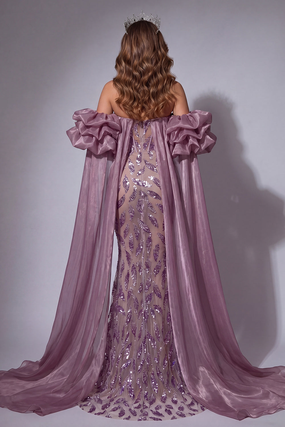 Glinsterende vintage mave-korset Zeemeermin met lange kralen gerimpelde pageantjurk met cape