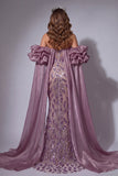 Glinsterende vintage mave-korset Zeemeermin met lange kralen gerimpelde pageantjurk met cape