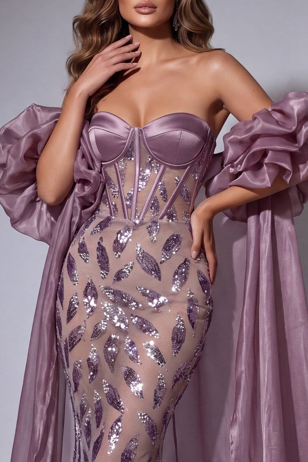 Glinsterende vintage mave-korset Zeemeermin met lange kralen gerimpelde pageantjurk met cape