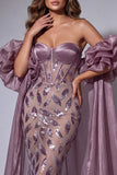 Glinsterende vintage mave-korset Zeemeermin met lange kralen gerimpelde pageantjurk met cape