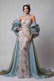 Glitterende champagne zeemeermin met geraffe kralenbloemen lange jurk met cape