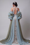 Glitterende champagne zeemeermin met geraffe kralenbloemen lange jurk met cape