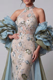 Glitterende champagne zeemeermin met geraffe kralenbloemen lange jurk met cape