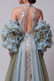 Glitterende champagne zeemeermin met geraffe kralenbloemen lange jurk met cape