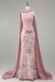 Glinsterende roze strapless zeemeermin lange kralenversierde bloemenjurk met cape